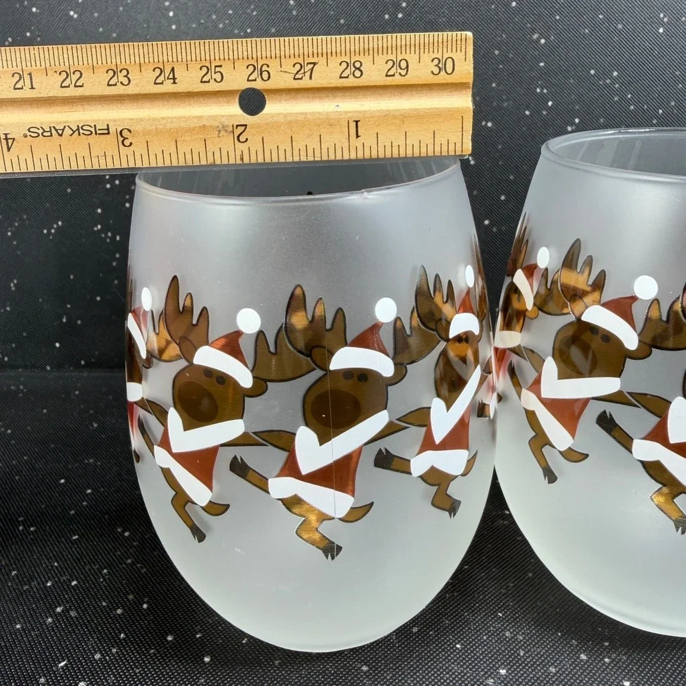 Culver Ltd Frosted Stemless Wine Glasses Dancing Reindeer Christmas Set of 2